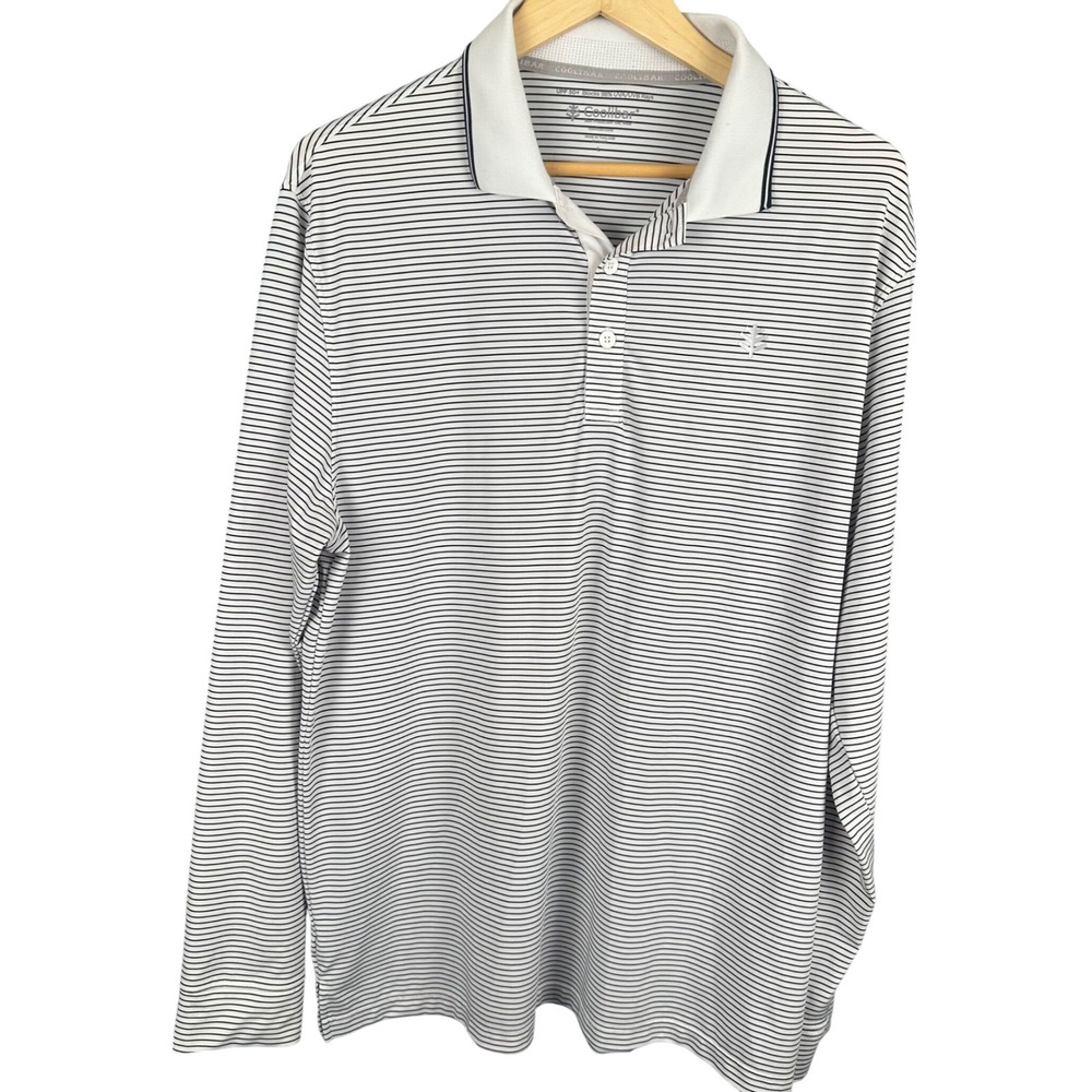 Coolibar Mens Erodyn Long Sleeve Golf Polo Shirt White Navy Striped UPF 50+ L